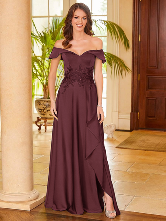 バーガンディーブライダルマザードレス Vネック ノースリーブ スプリットフロント Aライン ゲストドレス 結婚式用