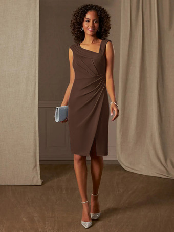 チョコレートマザードレス デザインネックライン ノースリーブ Aライン プリーツ ウェディングゲストドレス