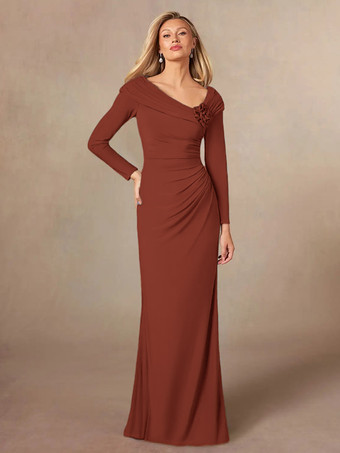ブリックレッド花嫁の母親のためのパーティードレス Vネック 長袖 マーメイド プリーツ フロアレングス ウェディングゲストドレス