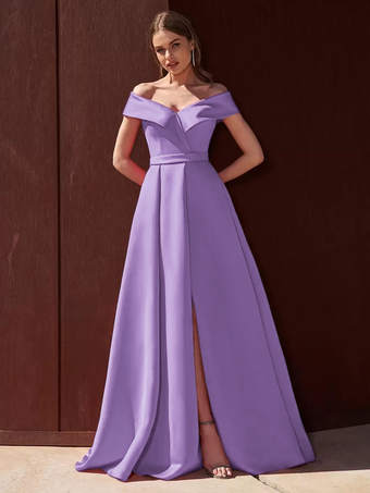 ライラックイブニングドレス Aライン オフショルダー トレーン付き ノースリーブ ジッパー プリーツ サテン生地 フォーマル パーティードレス