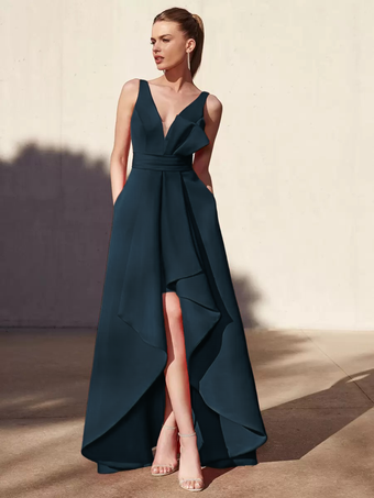 ダークネイビーイブニングドレス Aライン Vネック フロアレングス ノースリーブ バックレス プリーツ サテン生地 フォーマル パーティードレス