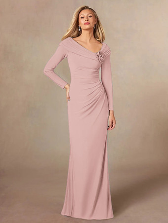 ピンク花嫁の母親のためのパーティードレス Vネック 長袖 マーメイド プリーツ フロアレングス ウェディングゲストドレス