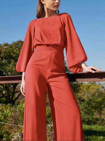 ブリックレッドイブニングドレス ジャンプスーツ ジュエルネック フロアレングス 3/4 丈スリーブ バックレス プリーツ ポリエステル 社交パーティードレス