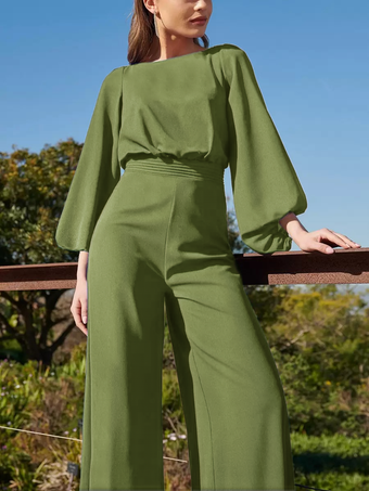 オリーブグリーンイブニングドレス ジャンプスーツ ジュエルネック フロアレングス 3/4 丈スリーブ バックレス プリーツ ポリエステル 社交パーティードレス
