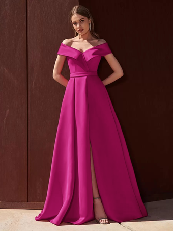 バービーイブニングドレス Aライン オフショルダー トレーン付き ノースリーブ ジッパー プリーツ サテン生地 フォーマル パーティードレス