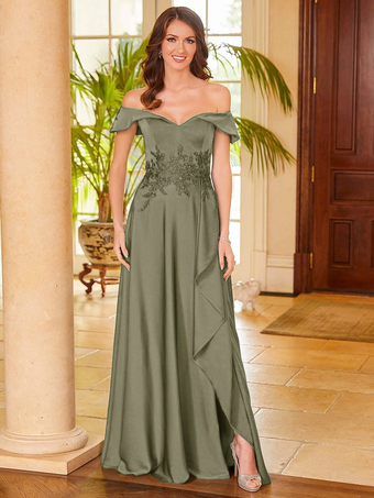 セージグリーンブライダルマザードレス Vネック ノースリーブ スプリットフロント Aライン ゲストドレス 結婚式用