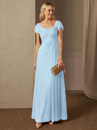 ベビーブルーパーティードレス 花嫁の母用 Vネック 半袖 Aライン レース ウェディングゲストドレス