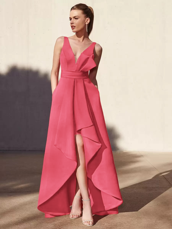 コーラルレッドイブニングドレス Aライン Vネック フロアレングス ノースリーブ バックレス プリーツ サテン生地 フォーマル パーティードレス