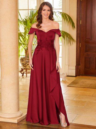 レッド ブライダルマザードレス Vネック ノースリーブ スプリットフロント Aライン ゲストドレス 結婚式用