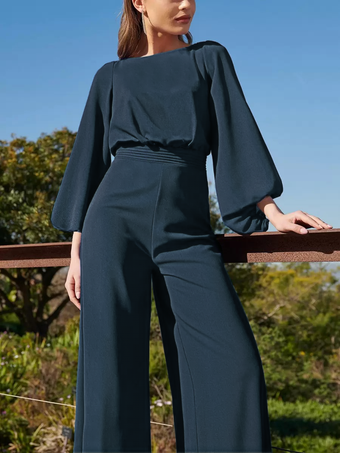 ダークネイビーイブニングドレス ジャンプスーツ ジュエルネック フロアレングス 3/4 丈スリーブ バックレス プリーツ ポリエステル 社交パーティードレス