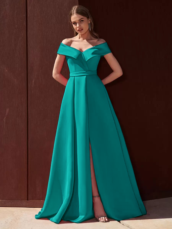 ターコイズグリーンイブニングドレス Aライン オフショルダー トレーン付き ノースリーブ ジッパー プリーツ サテン生地 フォーマル パーティードレス