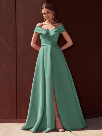 セージグリーンイブニングドレス Aライン オフショルダー トレーン付き ノースリーブ ジッパー プリーツ サテン生地 フォーマル パーティードレス