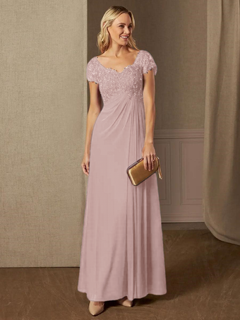 ソフトピンクパーティードレス 花嫁の母用 Vネック 半袖 Aライン レース ウェディングゲストドレス