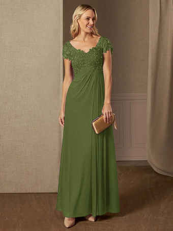 オリーブグリーンパーティードレス 花嫁の母用 Vネック 半袖 Aライン レース ウェディングゲストドレス