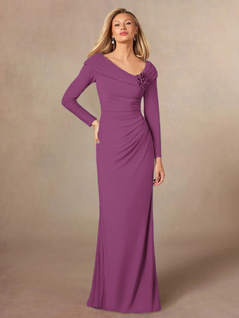 パープル 花嫁の母親のためのパーティードレス Vネック 長袖 マーメイド プリーツ フロアレングス ウェディングゲストドレス