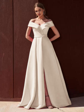 アイボリーイブニングドレス Aライン オフショルダー トレーン付き ノースリーブ ジッパー プリーツ サテン生地 フォーマル パーティードレス