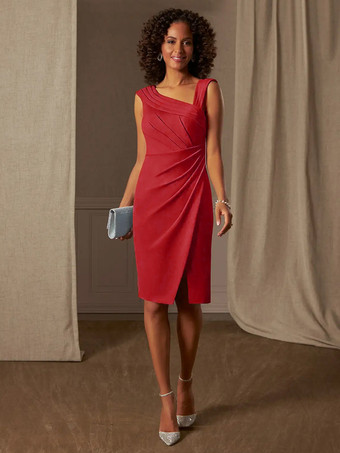 ブリックレッドマザードレス デザインネックライン ノースリーブ Aライン プリーツ ウェディングゲストドレス