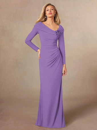 ライラック 花嫁の母親のためのパーティードレス Vネック 長袖 マーメイド プリーツ フロアレングス ウェディングゲストドレス