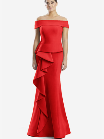 レッド マザードレス オフショルダー ノースリーブ マーメイドフリル 結婚式のゲストドレス