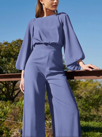 ロイヤパープルイブニングドレス ジャンプスーツ ジュエルネック フロアレングス 3/4 丈スリーブ バックレス プリーツ ポリエステル 社交パーティードレス