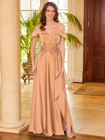 オレンジブライダルマザードレス Vネック ノースリーブ スプリットフロント Aライン ゲストドレス 結婚式用