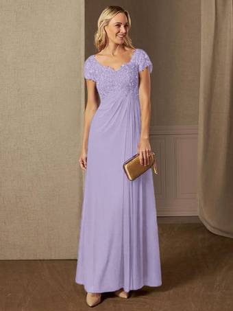 ライラック パーティードレス 花嫁の母用 Vネック 半袖 Aライン レース ウェディングゲストドレス