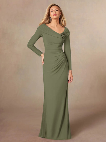 オリーブグリーン花嫁の母親のためのパーティードレス Vネック 長袖 マーメイド プリーツ フロアレングス ウェディングゲストドレス