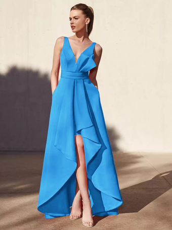 オーシャンブルーイブニングドレス Aライン Vネック フロアレングス ノースリーブ バックレス プリーツ サテン生地 フォーマル パーティードレス