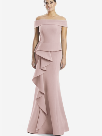 サーモンピンクマザードレス オフショルダー ノースリーブ マーメイドフリル 結婚式のゲストドレス