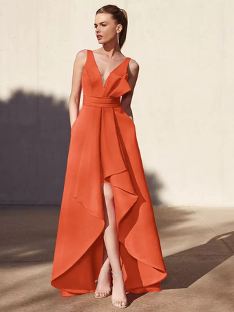 オレンジイブニングドレス Aライン Vネック フロアレングス ノースリーブ バックレス プリーツ サテン生地 フォーマル パーティードレス