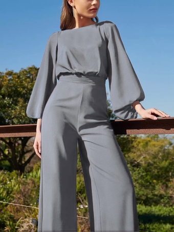 グレイイブニングドレス ジャンプスーツ ジュエルネック フロアレングス 3/4 丈スリーブ バックレス プリーツ ポリエステル 社交パーティードレス