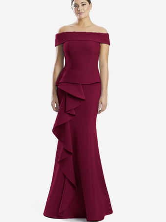 バーガンディーマザードレス オフショルダー ノースリーブ マーメイドフリル 結婚式のゲストドレス