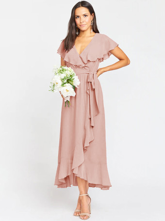 ピンクブライドメイドドレス Aライン くるぶし丈 シフォン フォーマルガウン 自由なカスタマイズ