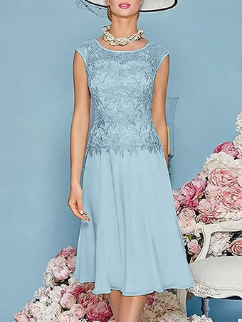 ベビーブルーマザードレス ジュエルネック 七分袖 ティー丈 Aライン ゲストドレス 結婚式用