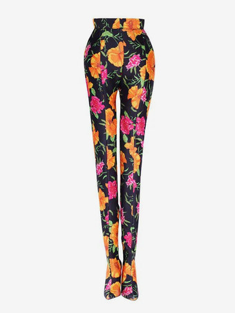 女性用タイハイブーツ ポインテッドトゥ フローラルプリント スティレットヒール 伸縮性パンツシューズ