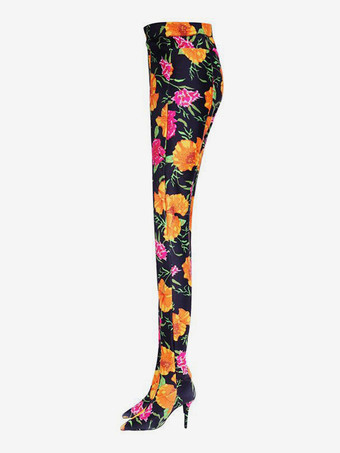 女性用タイハイブーツ ポインテッドトゥ フローラルプリント スティレットヒール 伸縮性パンツシューズ
