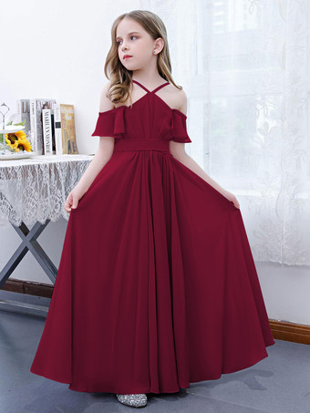 Bordeaux Robe cortège enfant robe cérémonie fille à bretelle zip sur dos jupe plissée