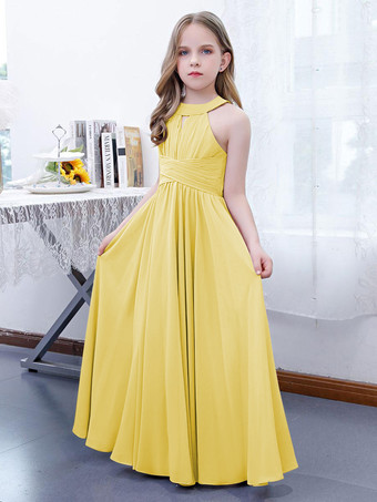 スイセン色フラワーガールドレスシフォンプリーツホルターノースリーブロータスピンク