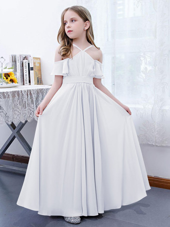 Ivoire Robe cortège enfant robe cérémonie fille à bretelle zip sur dos jupe plissée
