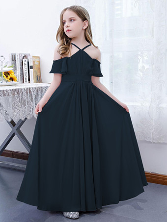 Bleu MarineRobe cortège enfant robe cérémonie fille à bretelle zip sur dos jupe plissée