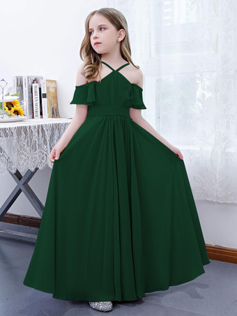 Vert foncéRobe cortège enfant robe cérémonie fille à bretelle zip sur dos jupe plissée