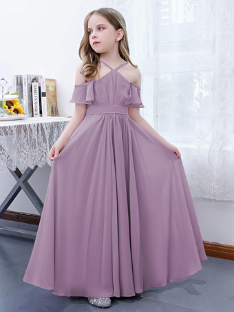 Lavande Robe cortège enfant robe cérémonie fille à bretelle zip sur dos jupe plissée