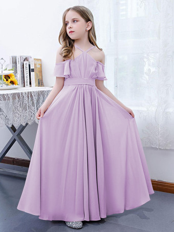 LilasRobe cortège enfant robe cérémonie fille à bretelle zip sur dos jupe plissée