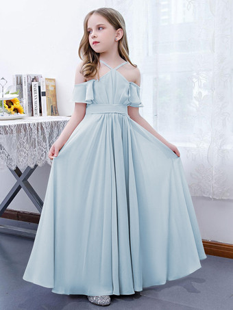 Bleu ClairRobe cortège enfant robe cérémonie fille à bretelle zip sur dos jupe plissée