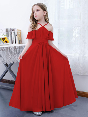 Rouge Robe cortège enfant robe cérémonie fille à bretelle zip sur dos jupe plissée