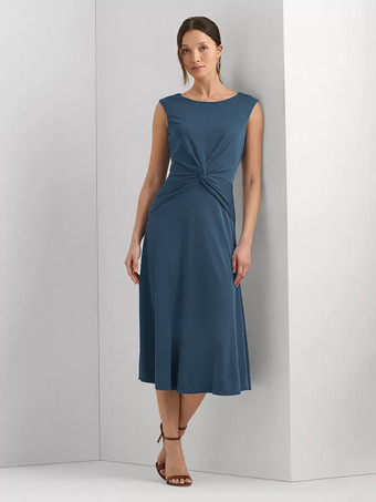 インクブルーマザードレス ジュエルネック ノースリーブ ショート プリーツ ウェディングゲストドレス