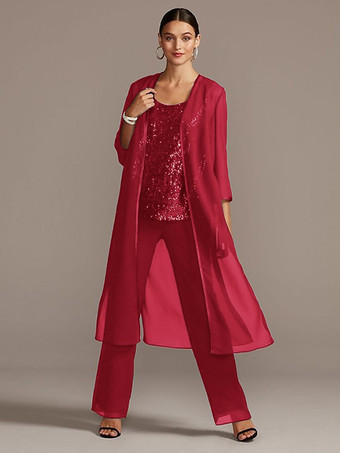 バーガンディーブライダルマザードレス3ピースセットジュエルネック3/4レングススリーブAラインスパンコールロングウェディングゲスト衣装