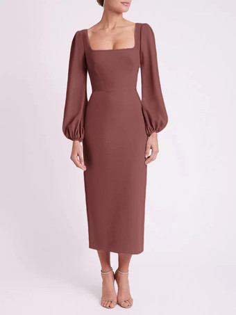 マルーンブライダルマザードレス スクエアネック 長袖 ショート丈 ティー丈 ゲストドレス 結婚式用