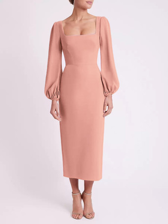 ダークピンクブライダルマザードレス スクエアネック 長袖 ショート丈 ティー丈 ゲストドレス 結婚式用