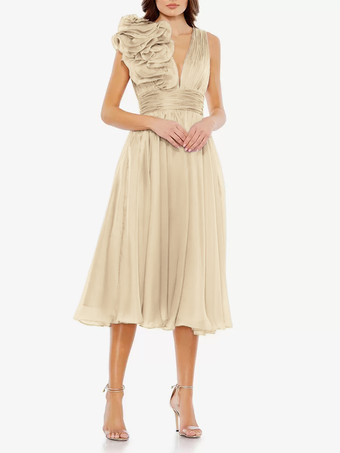 シャンパンブライダルマザードレス Vネック ノースリーブ Aライン プリーツ 膝丈 ゲストドレス 結婚式用